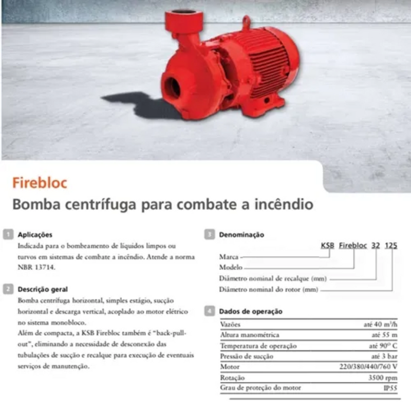 Bomba Centrífuga Para Incêndio KSB Firebloc 32-125 3 CV Trifásica 220/380/440/760V